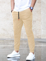 Men's Casual Khaki Jogger Pants with Elastic Drawstring Waist and Cuffed Ankles