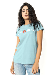 100% Australian Cotton Half-Sleeve Graphic Wave Blue T-Shirt for Women